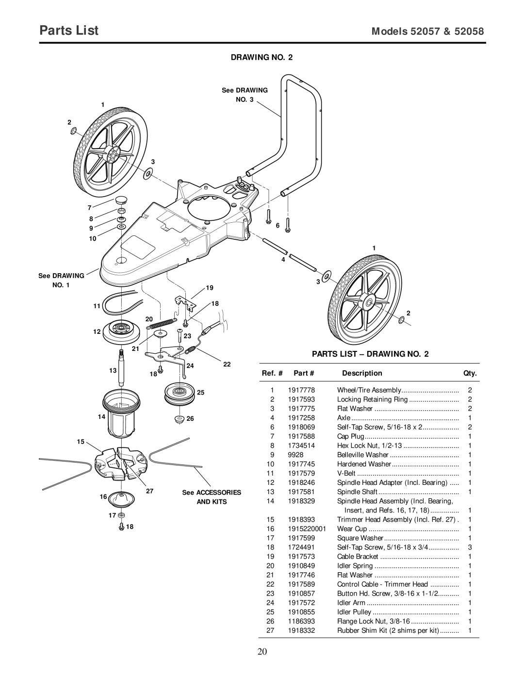 Troy-Bilt 52058 owner manual Parts ListModels 52057, Ref. # Description 