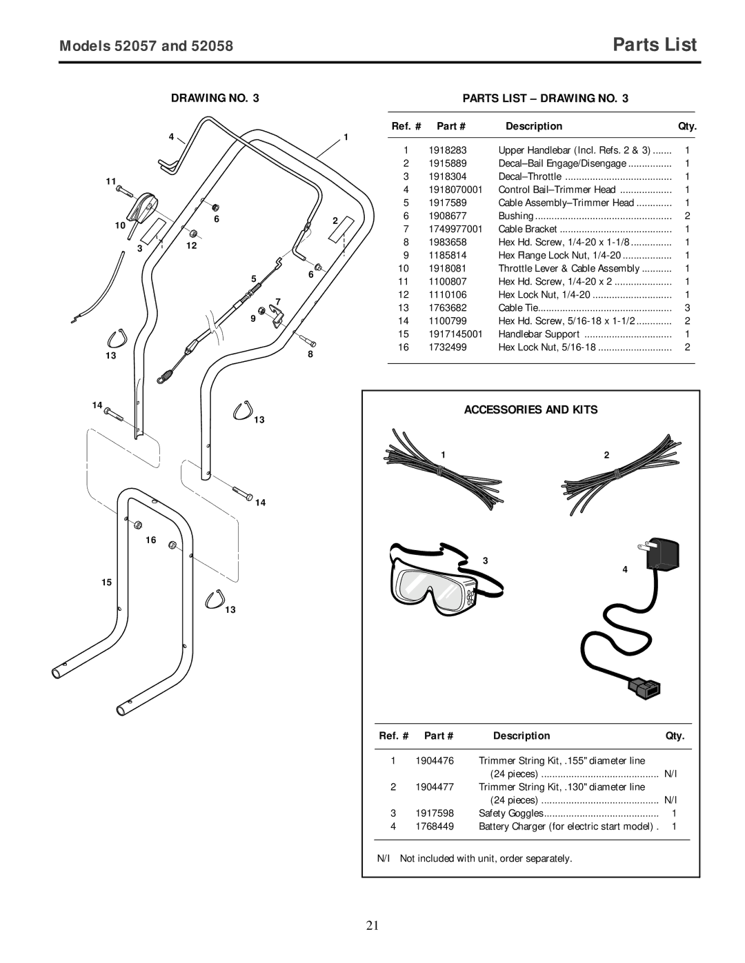 Troy-Bilt 52058, 52057 owner manual Drawing no Parts List Drawing no, Accessories and Kits 