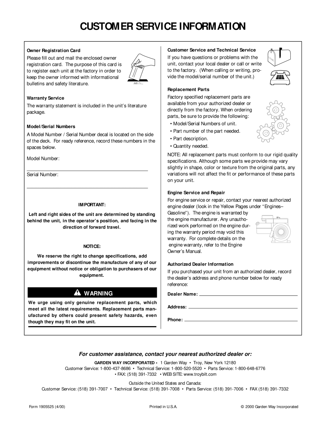 Troy-Bilt 52057 Owner Registration Card, Warranty Service, Model/Serial Numbers, Customer Service and Technical Service 