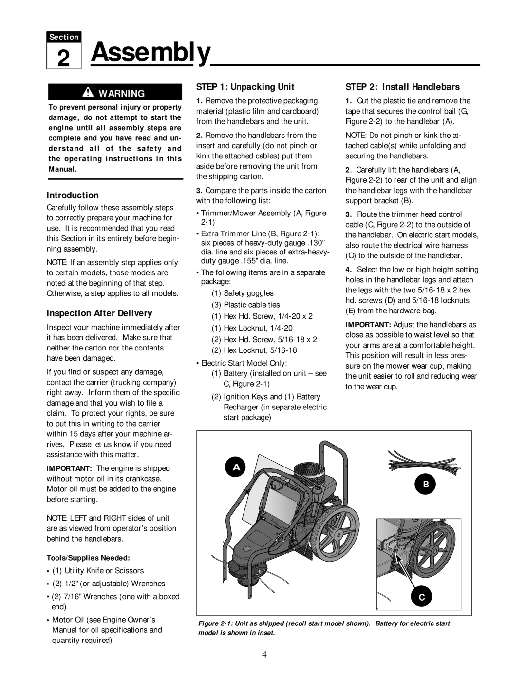 Troy-Bilt 52057, 52058 owner manual Assembly, To the outside of the handlebar, From the hardware bag, Tools/Supplies Needed 