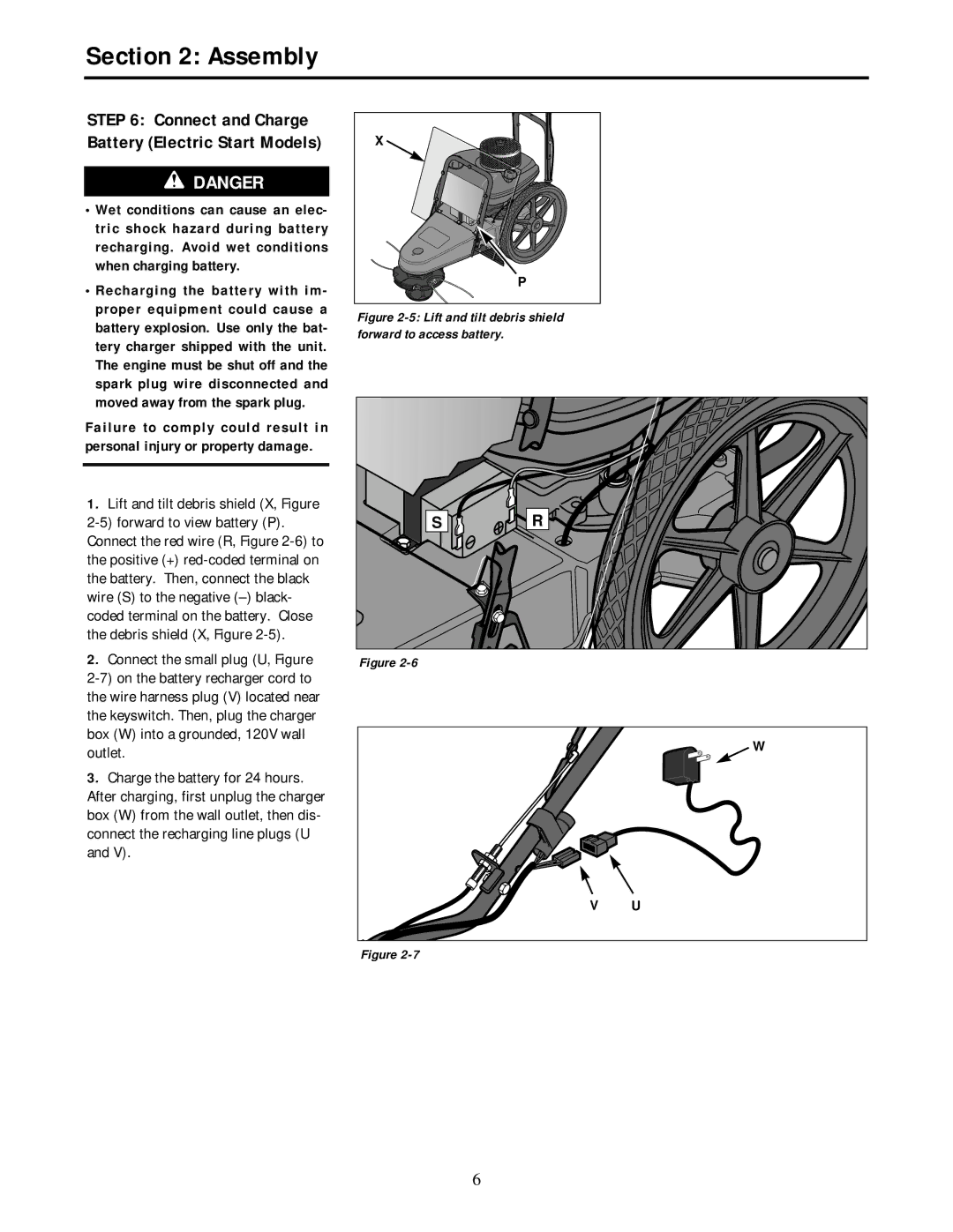 Troy-Bilt 52057, 52058 owner manual Connect and Charge Battery Electric Start Models, Lift and tilt debris shield X, Figure 