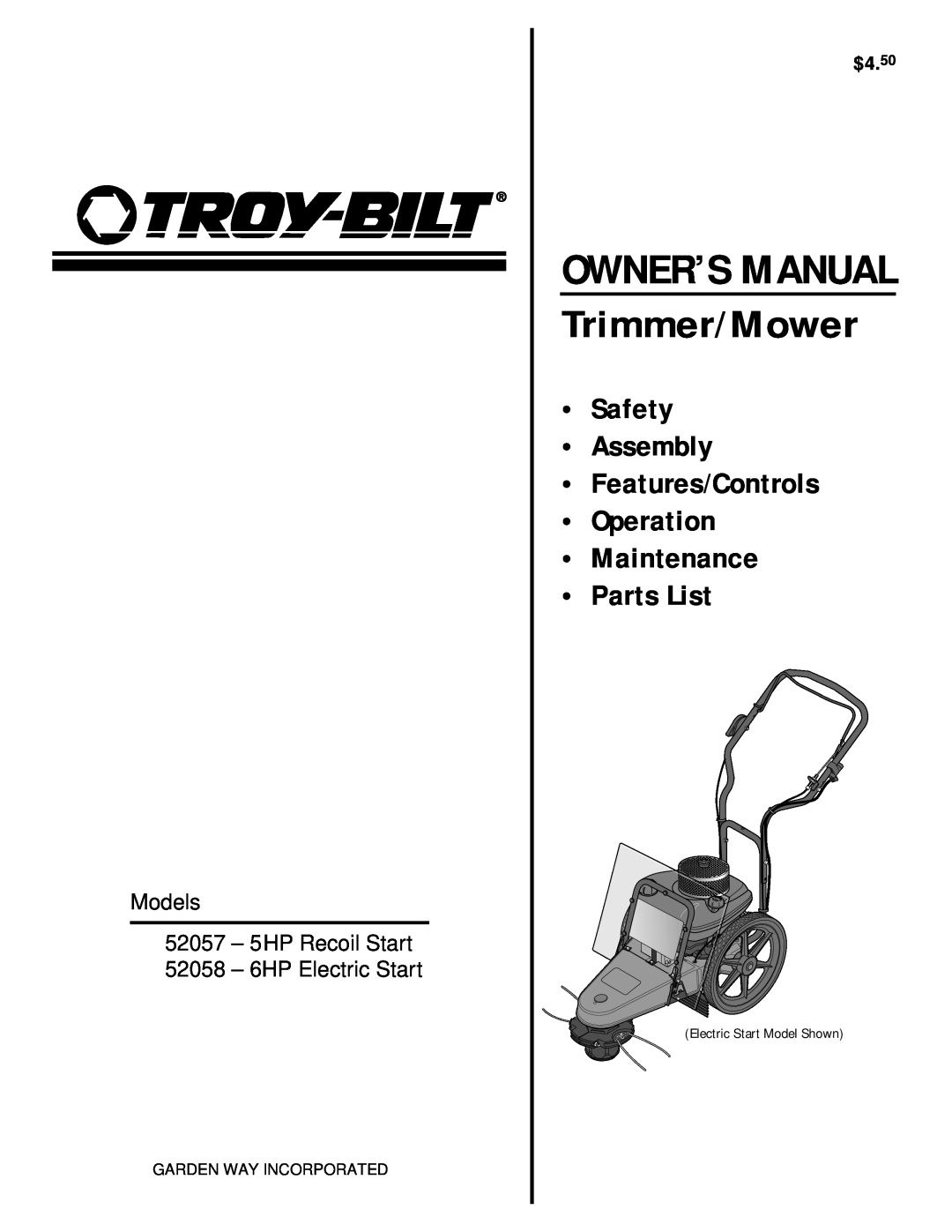 Troy-Bilt 52058 owner manual $4.50, Trimmer/Mower, Safety Assembly Features/Controls Operation Maintenance Parts List 