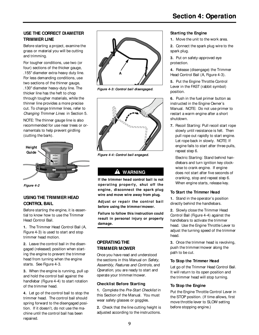 Troy-Bilt 52058, 52057 owner manual Operation, Using The Trimmer Head Control Bail, Operating The Trimmer/Mower 