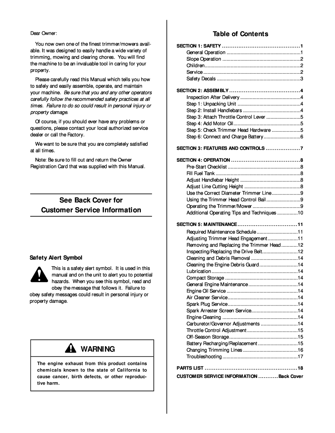 Troy-Bilt 52057, 52058 owner manual Safety Alert Symbol, See Back Cover for Customer Service Information, Table of Contents 