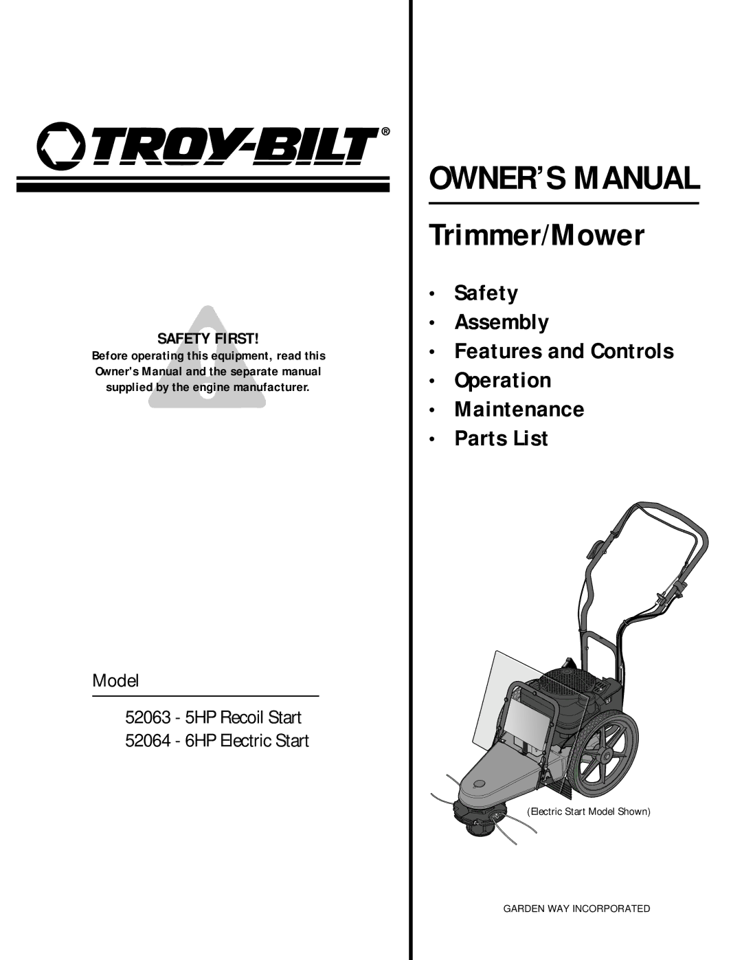 Troy-Bilt 52063, 52064 owner manual Trimmer/Mower 