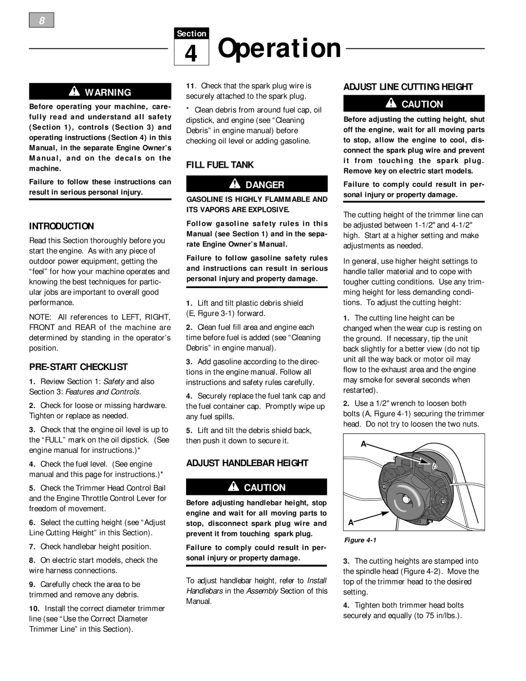 Troy-Bilt 52063, 52064 Operation, PRE-START Checklist, Fill Fuel Tank, Adjust Handlebar Height, Adjust Line Cutting Height 