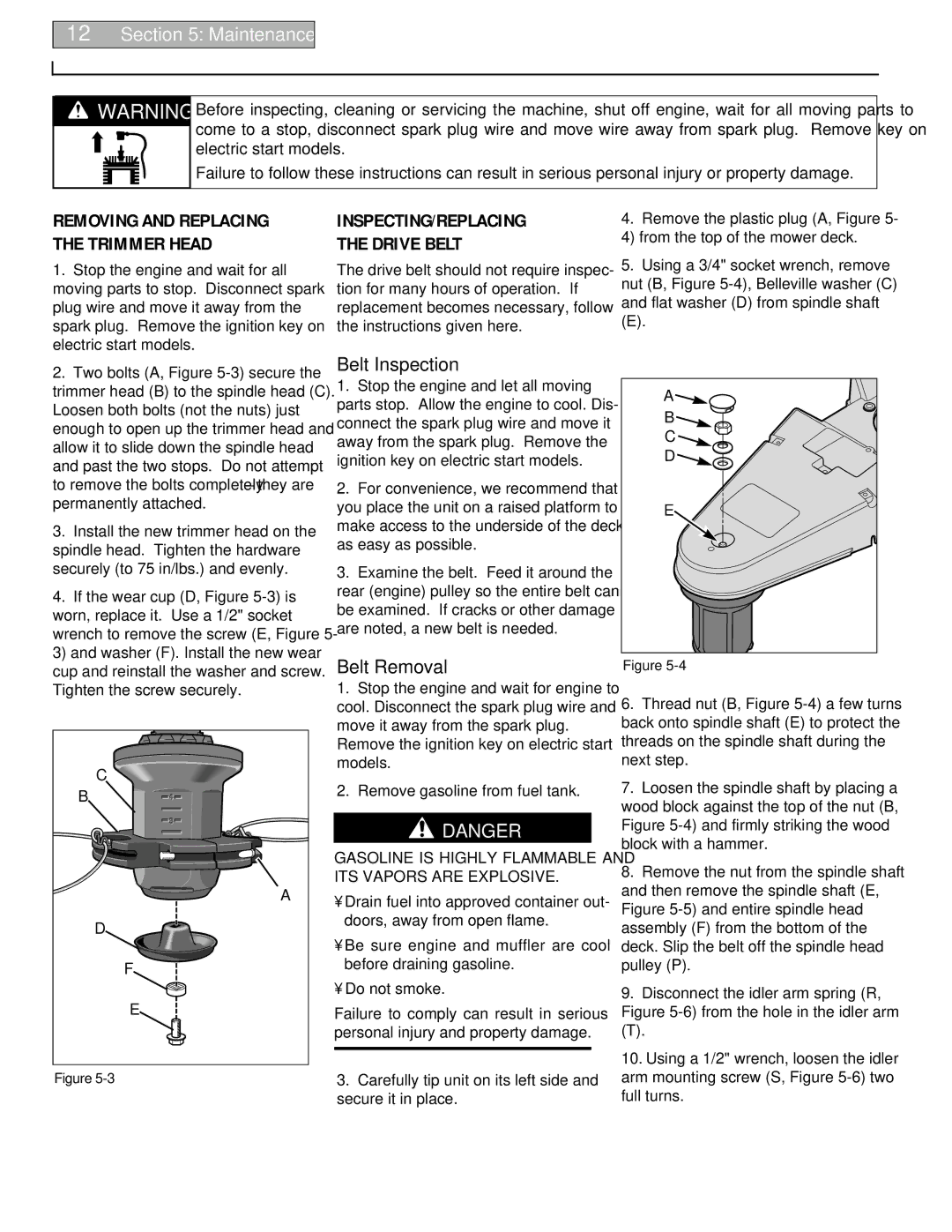 Troy-Bilt 52063, 52064 owner manual Maintenance, Belt Inspection, Belt Removal, Removing and Replacing the Trimmer Head 