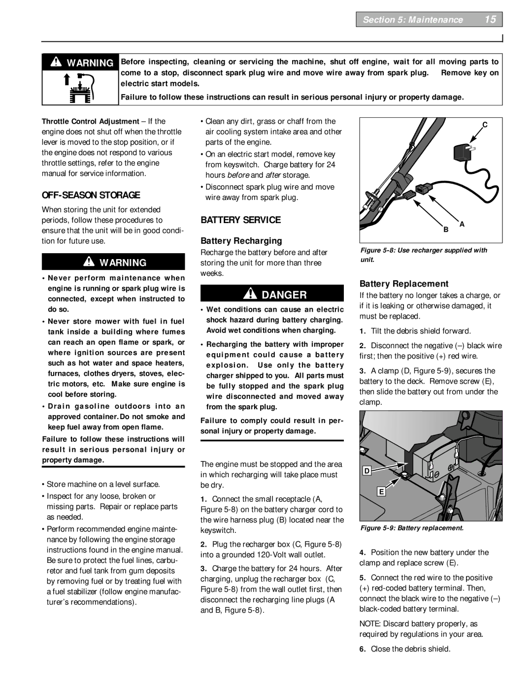 Troy-Bilt 52063, 52064 owner manual OFF-SEASON Storage, Battery Service, Battery Recharging, Battery Replacement 