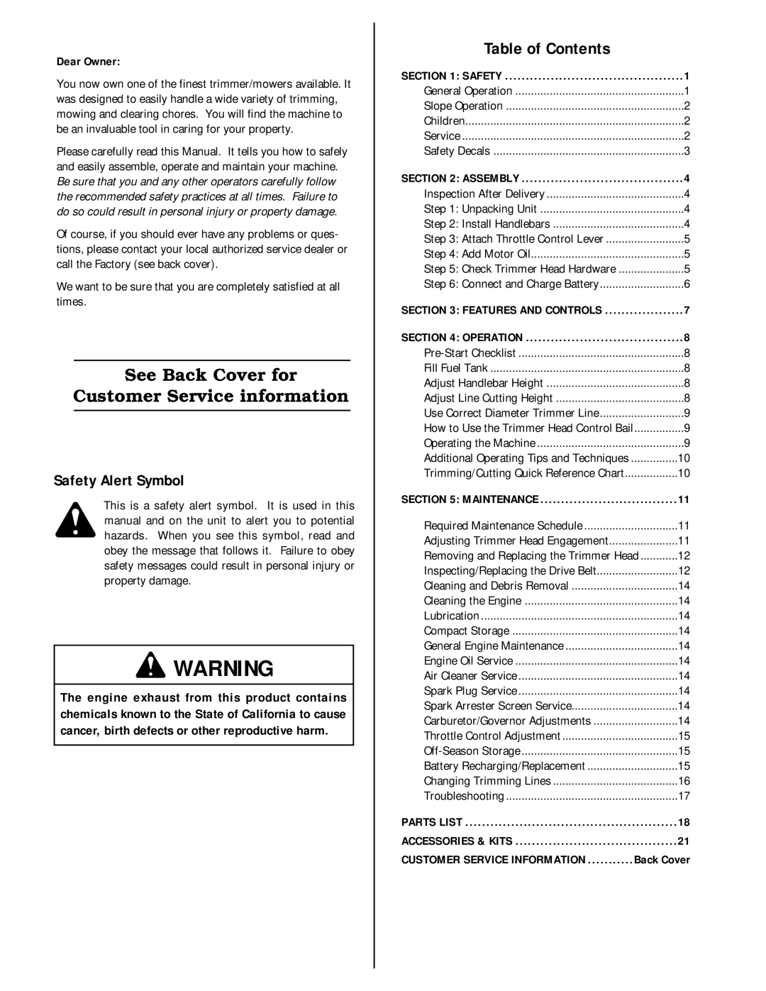 Troy-Bilt 52063, 52064 owner manual See Back Cover for Customer Service information 