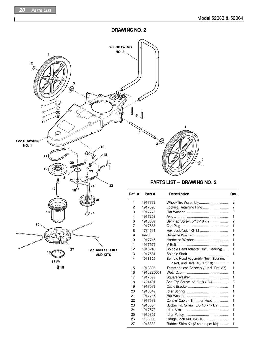 Troy-Bilt 52063, 52064 owner manual Parts List Drawing no, Ref. # Description 