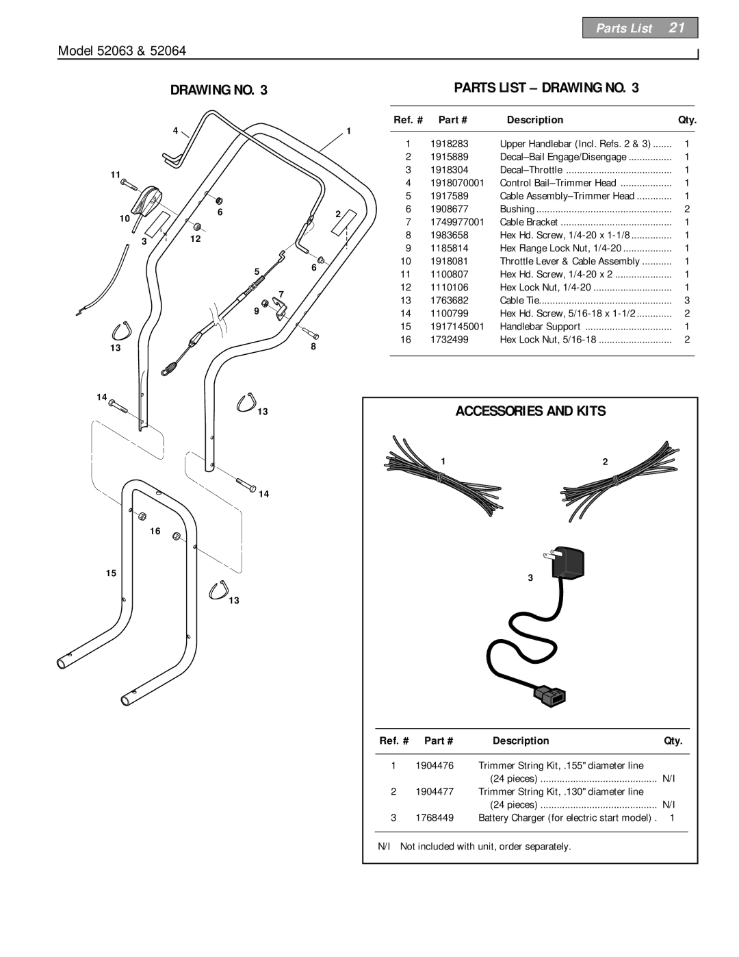 Troy-Bilt 52063, 52064 owner manual Drawing no Parts List Drawing no, Accessories and Kits 