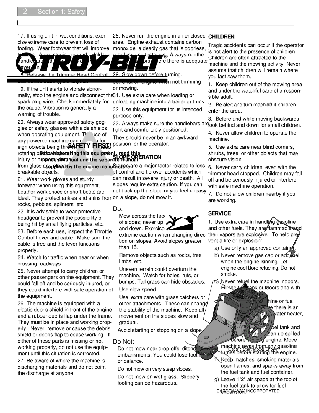 Troy-Bilt 52063, 52064 owner manual Slope Operation, Children, Service, Safety, Do Not 