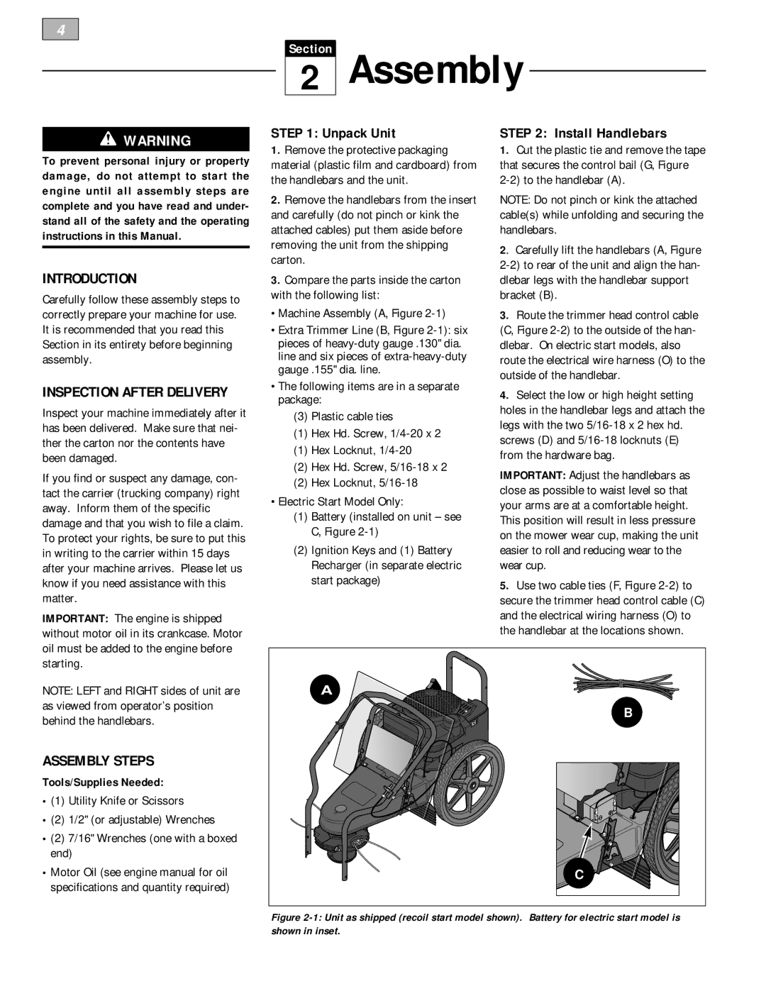 Troy-Bilt 52063, 52064 owner manual Introduction, Assembly Steps, Unpack Unit, Install Handlebars 