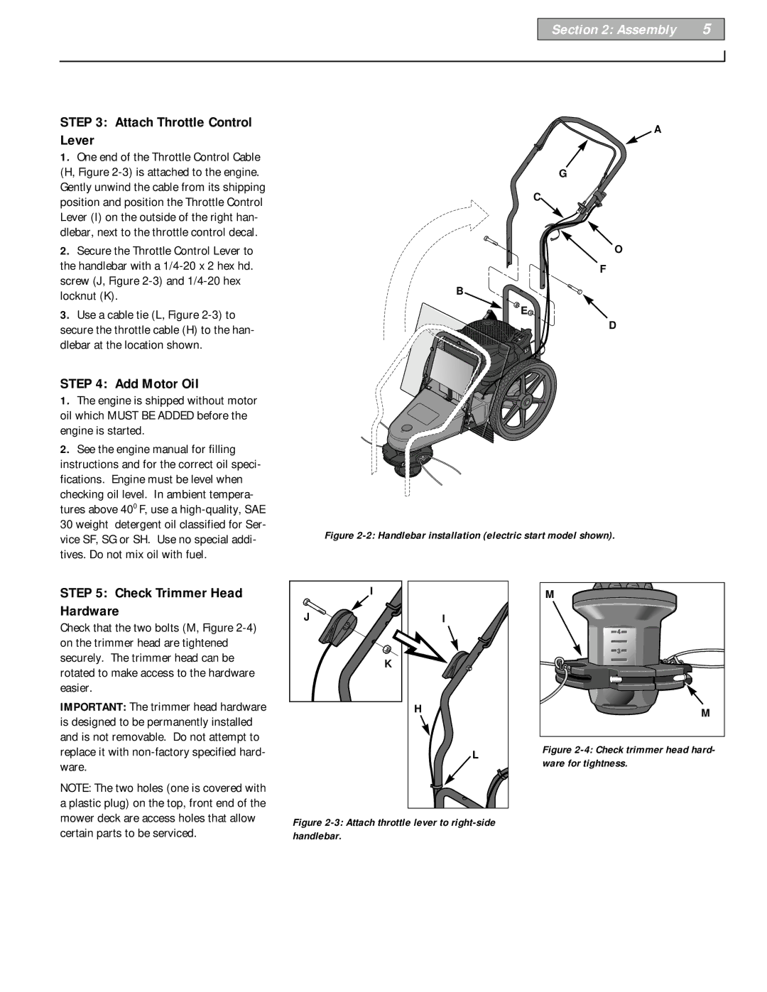 Troy-Bilt 52063, 52064 owner manual Attach Throttle Control Lever, Add Motor Oil, Check Trimmer Head Hardware 