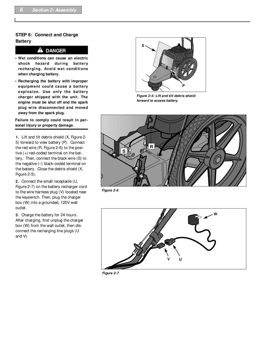 Troy-Bilt 52063, 52064 owner manual Assembly, Connect and Charge Battery, Lift and tilt debris shield X, Figure 