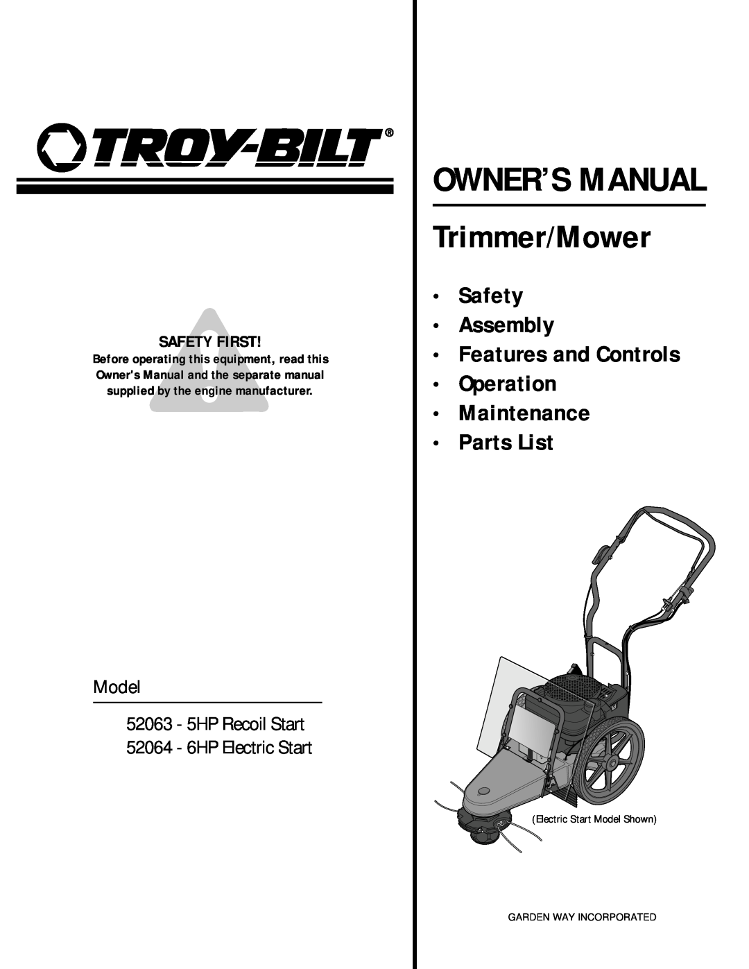 Troy-Bilt 52063, 52064 owner manual Trimmer/Mower, Safety Assembly Features and Controls Operation Maintenance, Parts List 