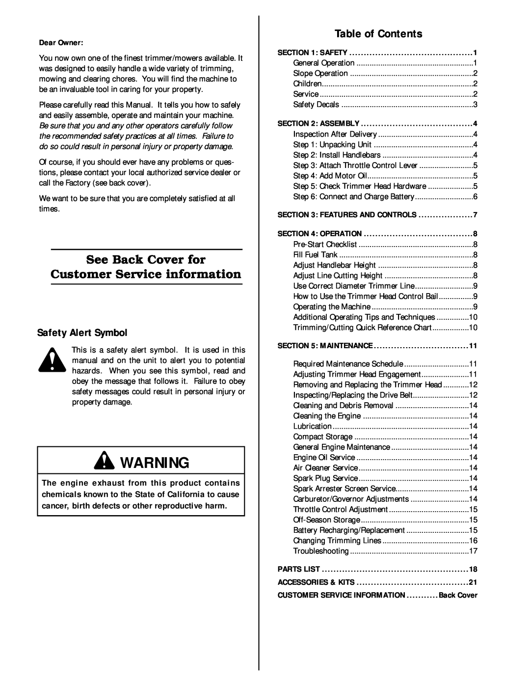 Troy-Bilt 52063, 52064 Safety Alert Symbol, See Back Cover for Customer Service information, Table of Contents, Dear Owner 