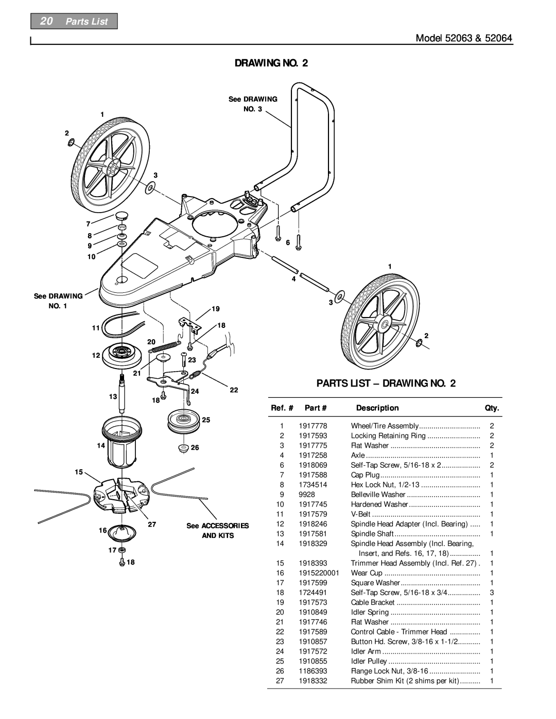 Troy-Bilt 52063, 52064 owner manual Parts List - Drawing No, Model, Ref. #, Description, See DRAWING 