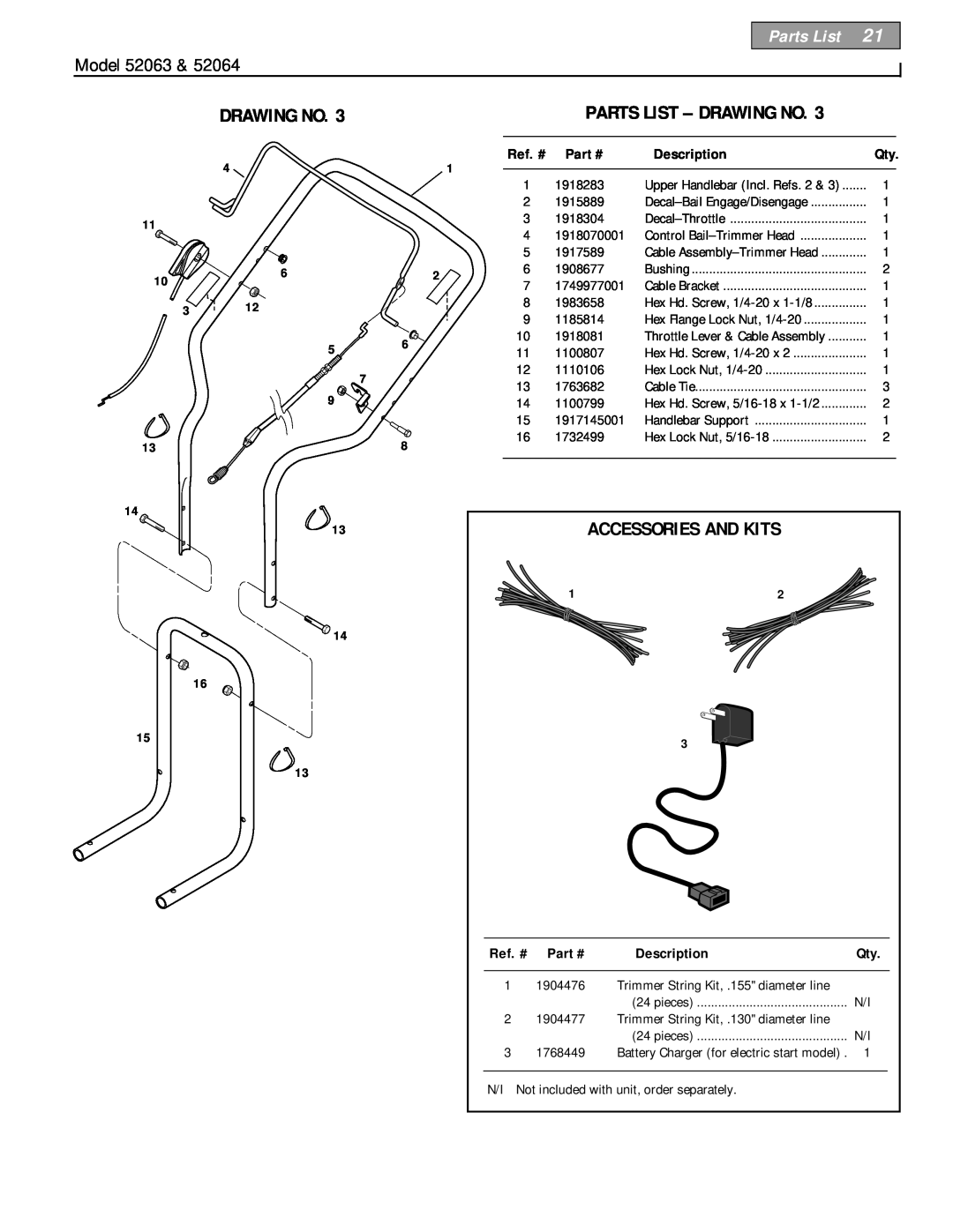 Troy-Bilt 52063, 52064 owner manual Accessories And Kits, Parts List - Drawing No, Model 52063, Ref. #, Description 