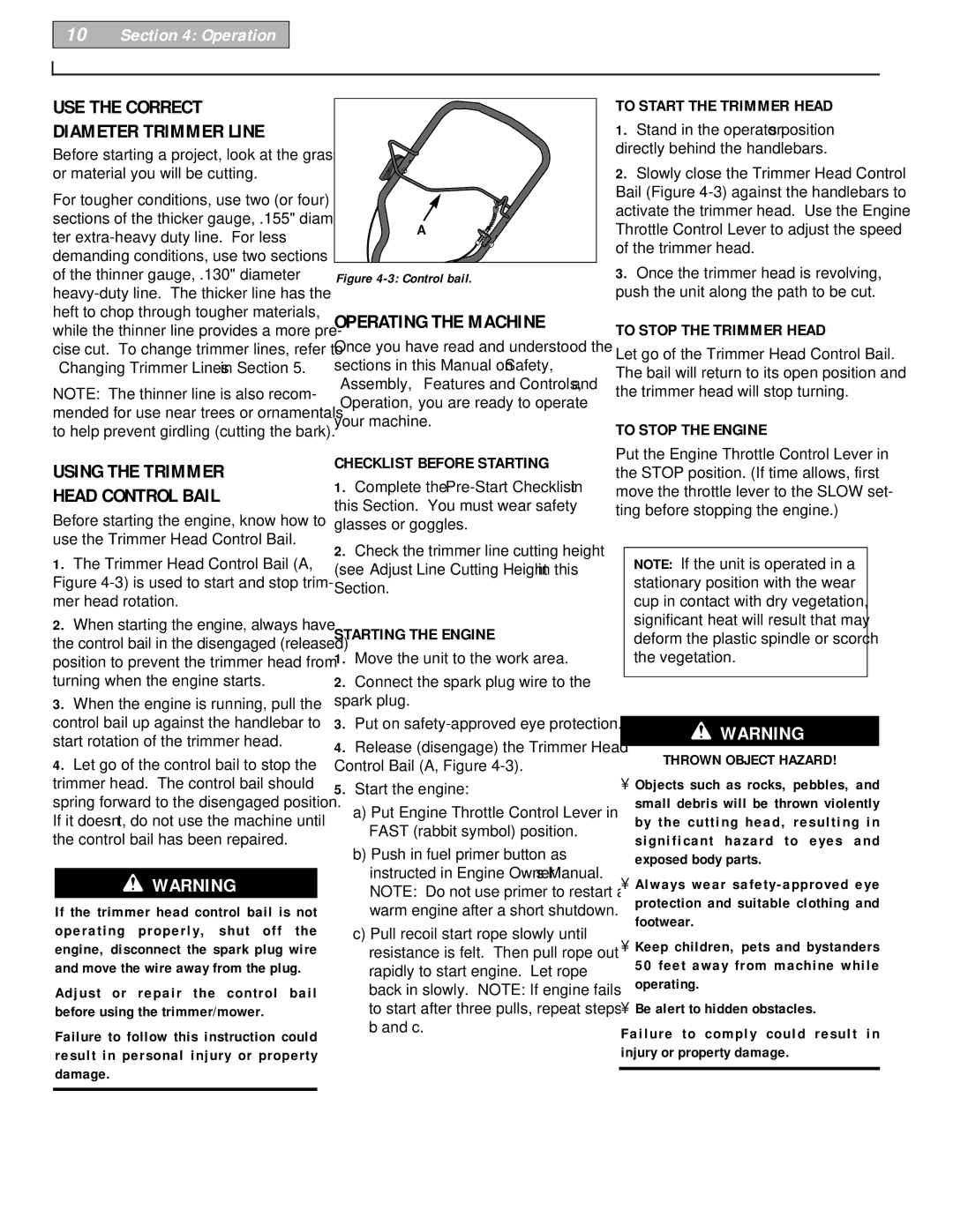 Troy-Bilt 52065 owner manual Operating the Machine, Using the Trimmer Head Control Bail 