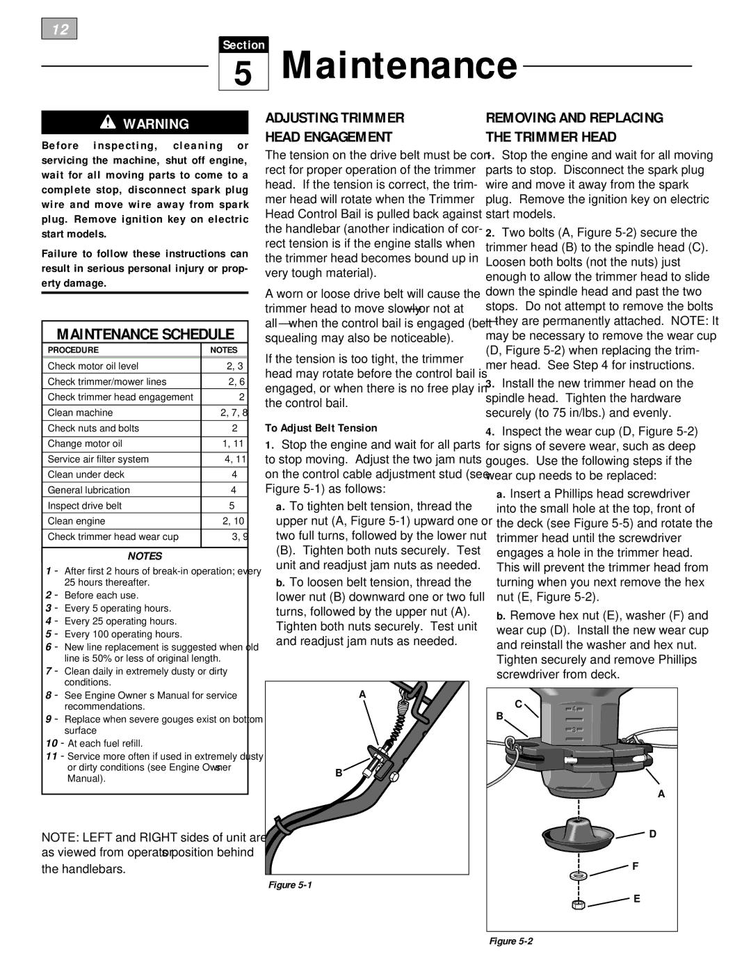 Troy-Bilt 52065 Maintenance Schedule, Adjusting Trimmer Head Engagement, Removing and Replacing the Trimmer Head 