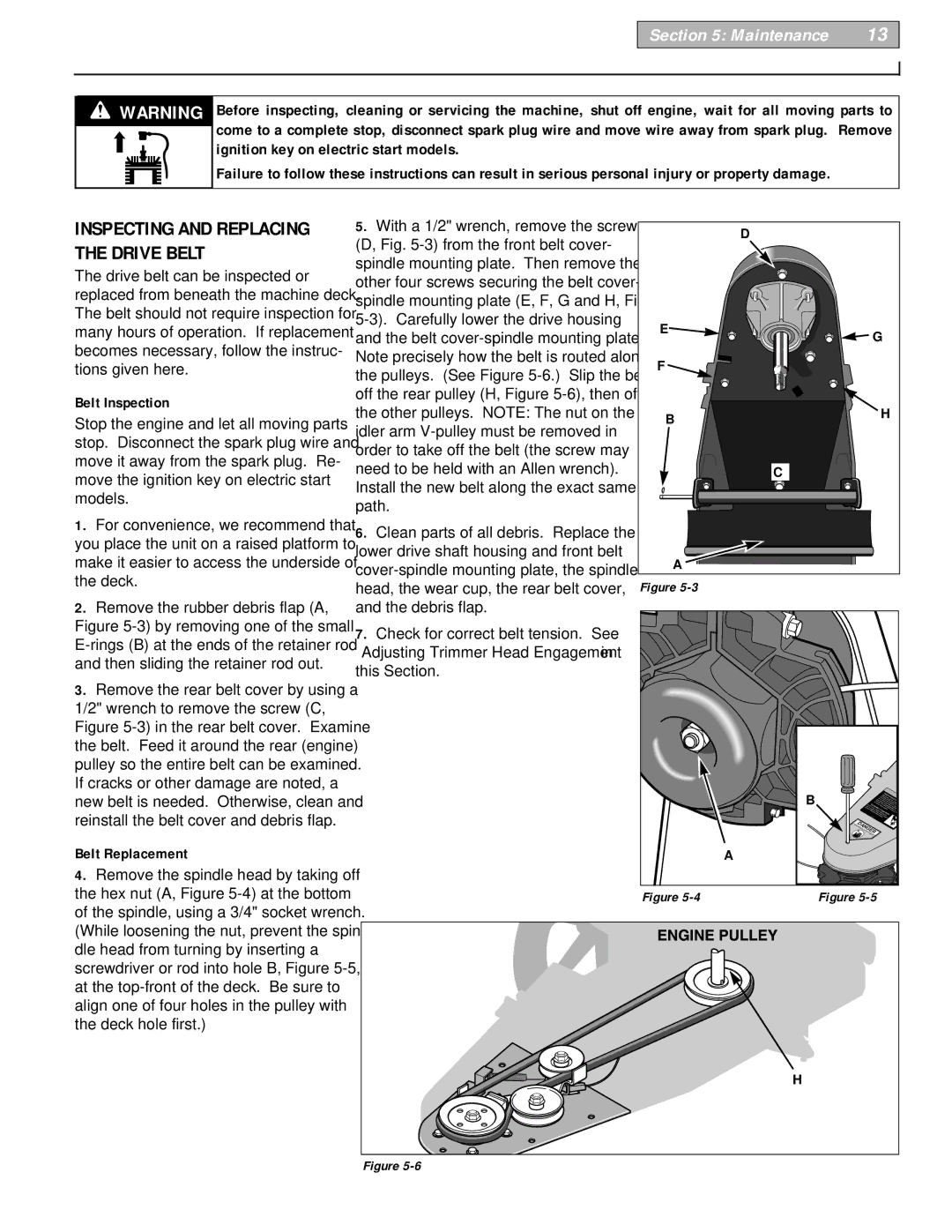 Troy-Bilt 52065 owner manual Inspecting and Replacing the Drive Belt, Belt Inspection, Belt Replacement 