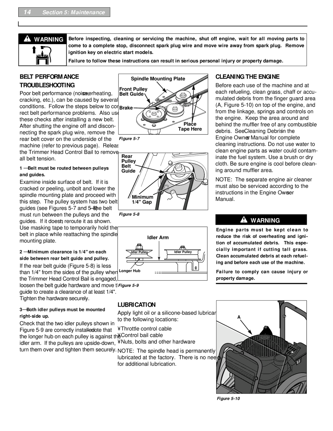 Troy-Bilt 52065 owner manual Belt Performance Troubleshooting, Lubrication, Cleaning the Engine 