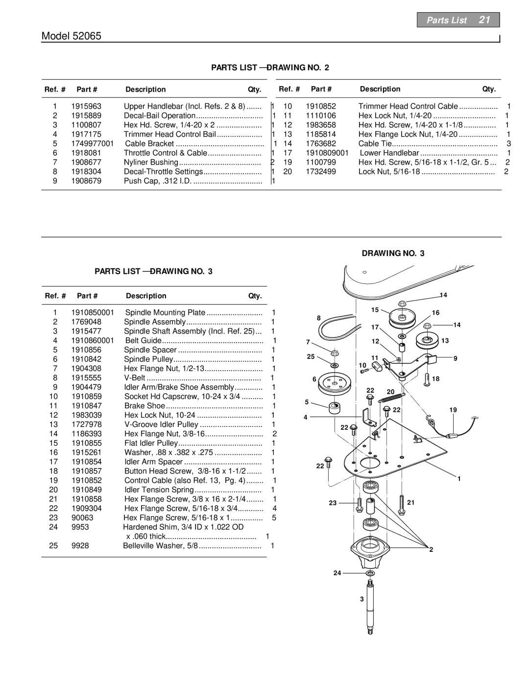 Troy-Bilt 52065 owner manual Parts List Drawing no 