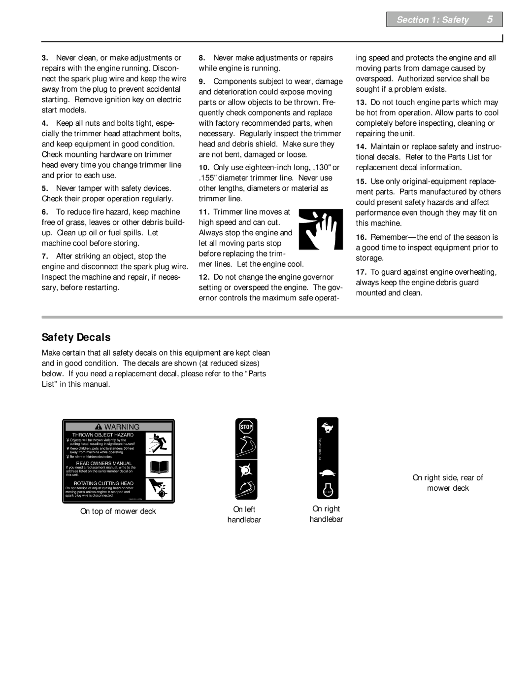 Troy-Bilt 52065 owner manual Safety Decals, On right Handlebar On right side, rear Mower deck 