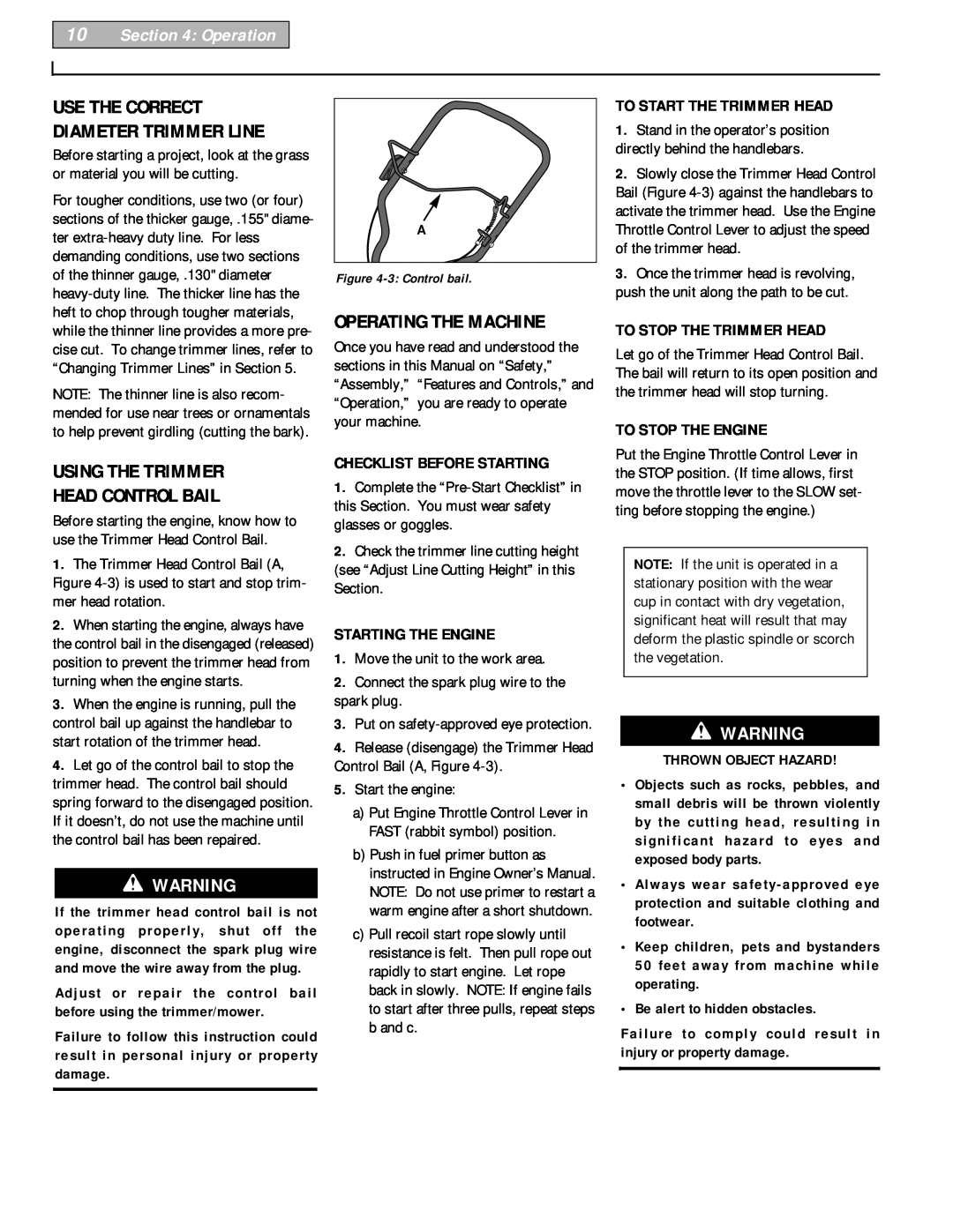 Troy-Bilt 52065 owner manual Operating The Machine, Using The Trimmer Head Control Bail, Operation, Thrown Object Hazard 