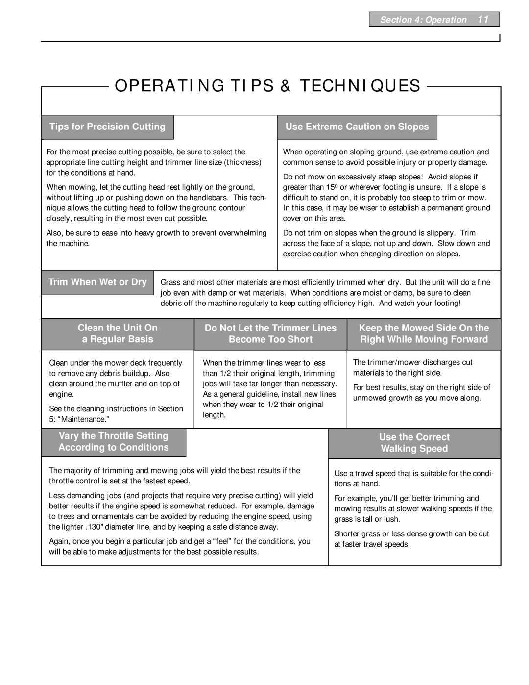 Troy-Bilt 52065 owner manual Operation, Operating Tips & Techniques 