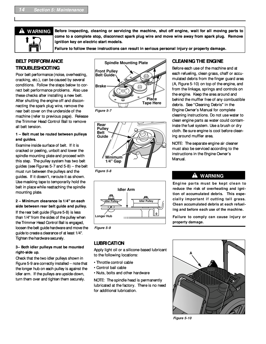Troy-Bilt 52065 owner manual Belt Performance Troubleshooting, Lubrication, Cleaning The Engine, Maintenance 