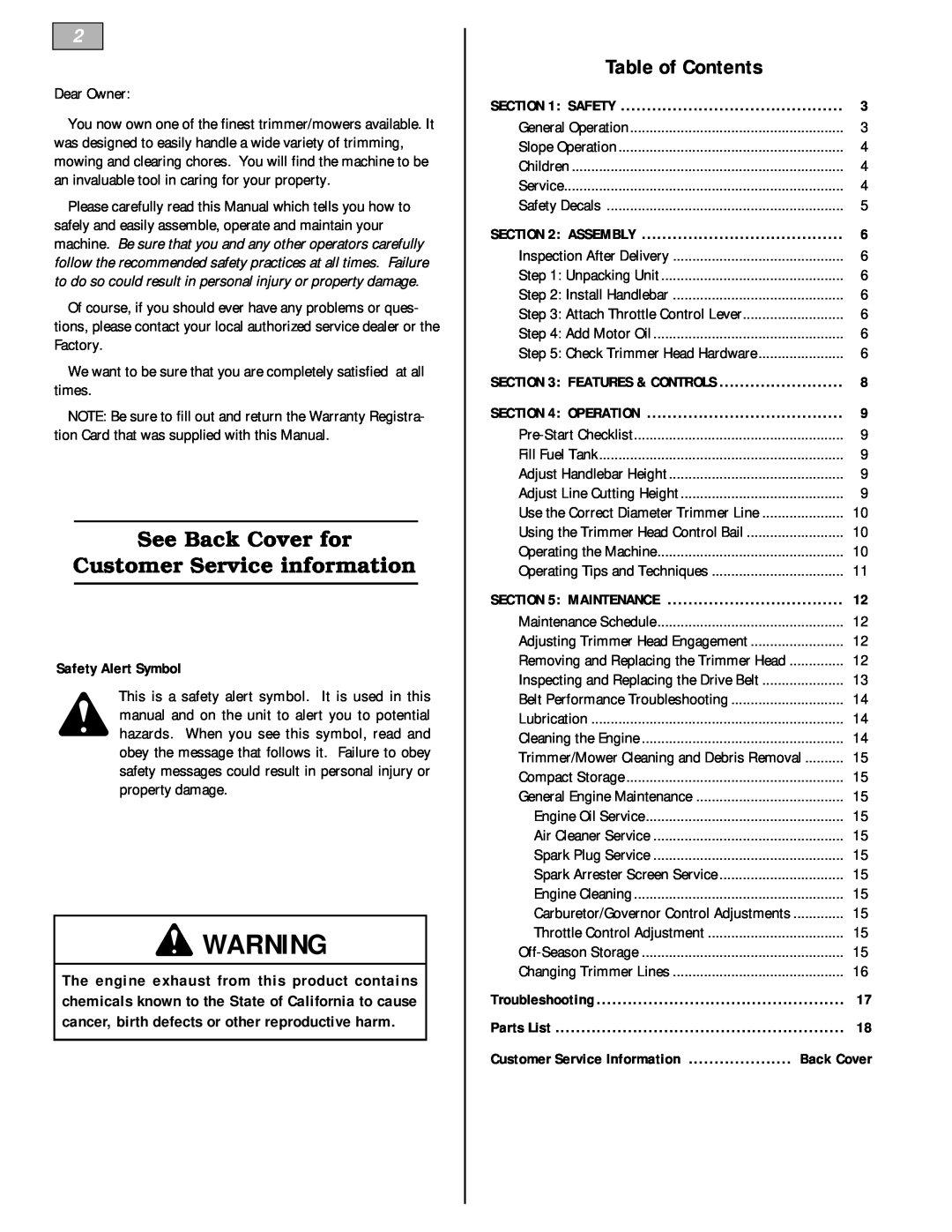 Troy-Bilt 52065 Table of Contents, See Back Cover for Customer Service information, Safety Alert Symbol, Troubleshooting 