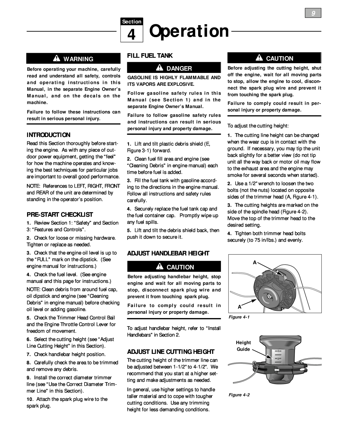 Troy-Bilt 52065 owner manual Operation, Pre-Start Checklist, Fill Fuel Tank, Adjust Handlebar Height, Danger, Introduction 