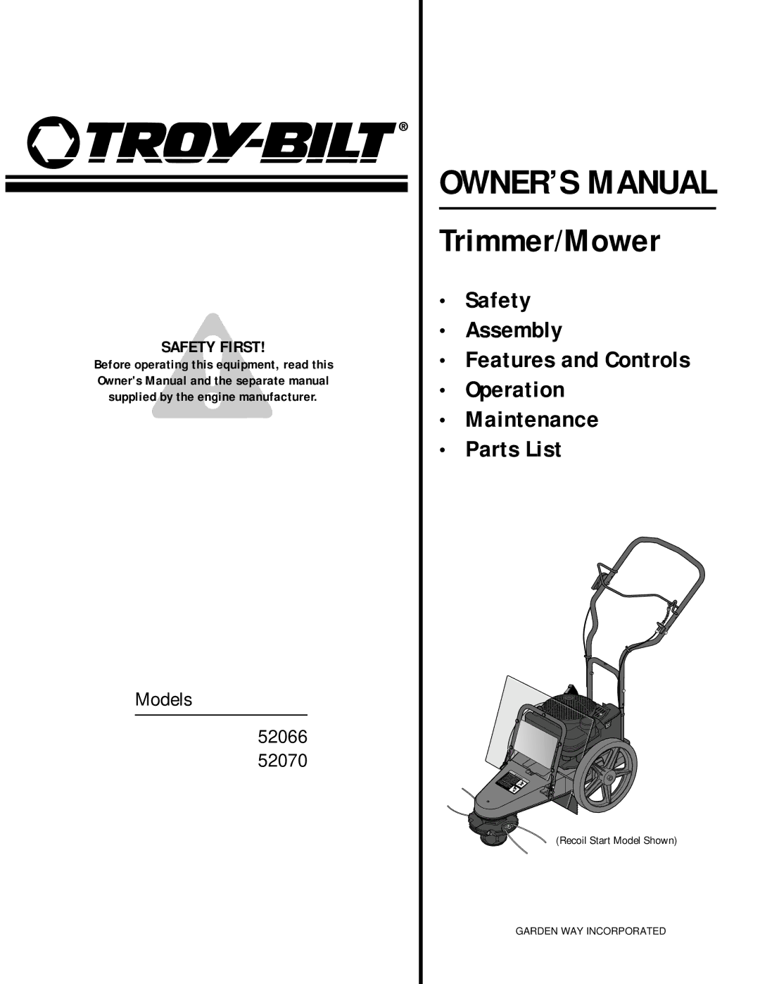 Troy-Bilt 52070, 52066 owner manual Trimmer/Mower 