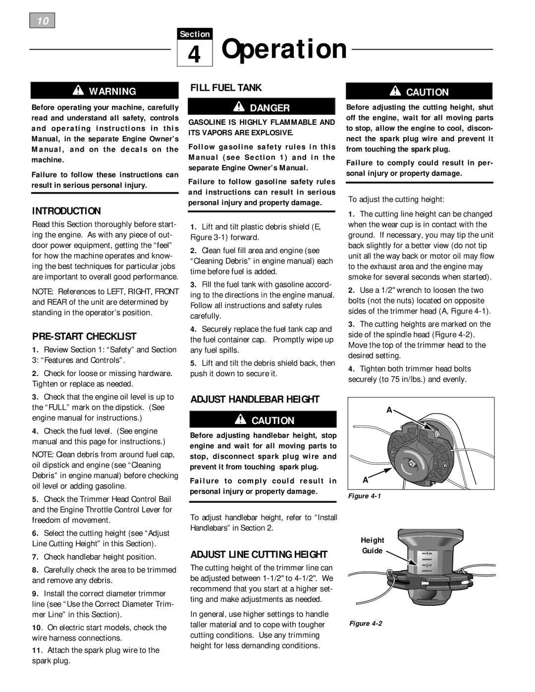 Troy-Bilt 52066, 52070 Operation, PRE-START Checklist, Fill Fuel Tank, Adjust Handlebar Height, Adjust Line Cutting Height 