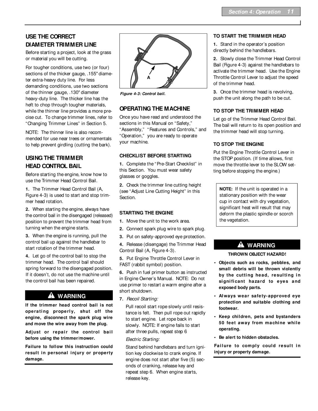 Troy-Bilt 52070, 52066 owner manual Operating the Machine, Using the Trimmer Head Control Bail 