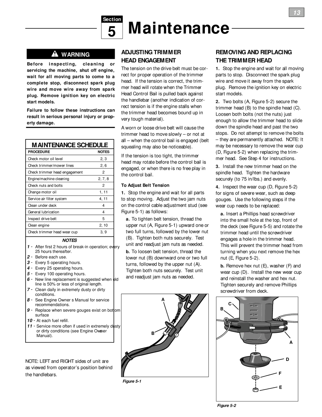 Troy-Bilt 52070 Maintenance Schedule, Adjusting Trimmer Head Engagement, Removing and Replacing the Trimmer Head 