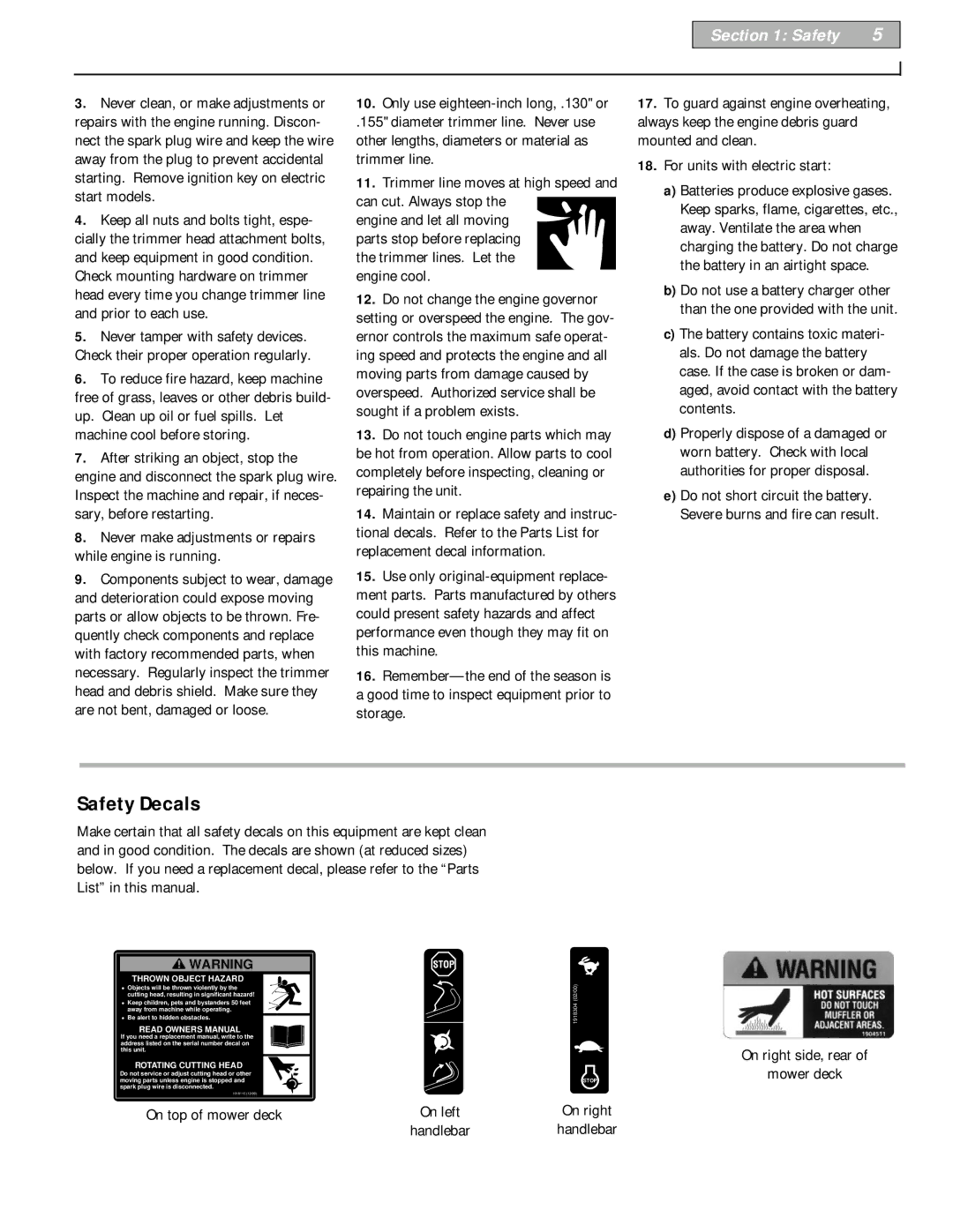 Troy-Bilt 52070, 52066 owner manual Safety, On right side, rear Mower deck On top of mower deck 