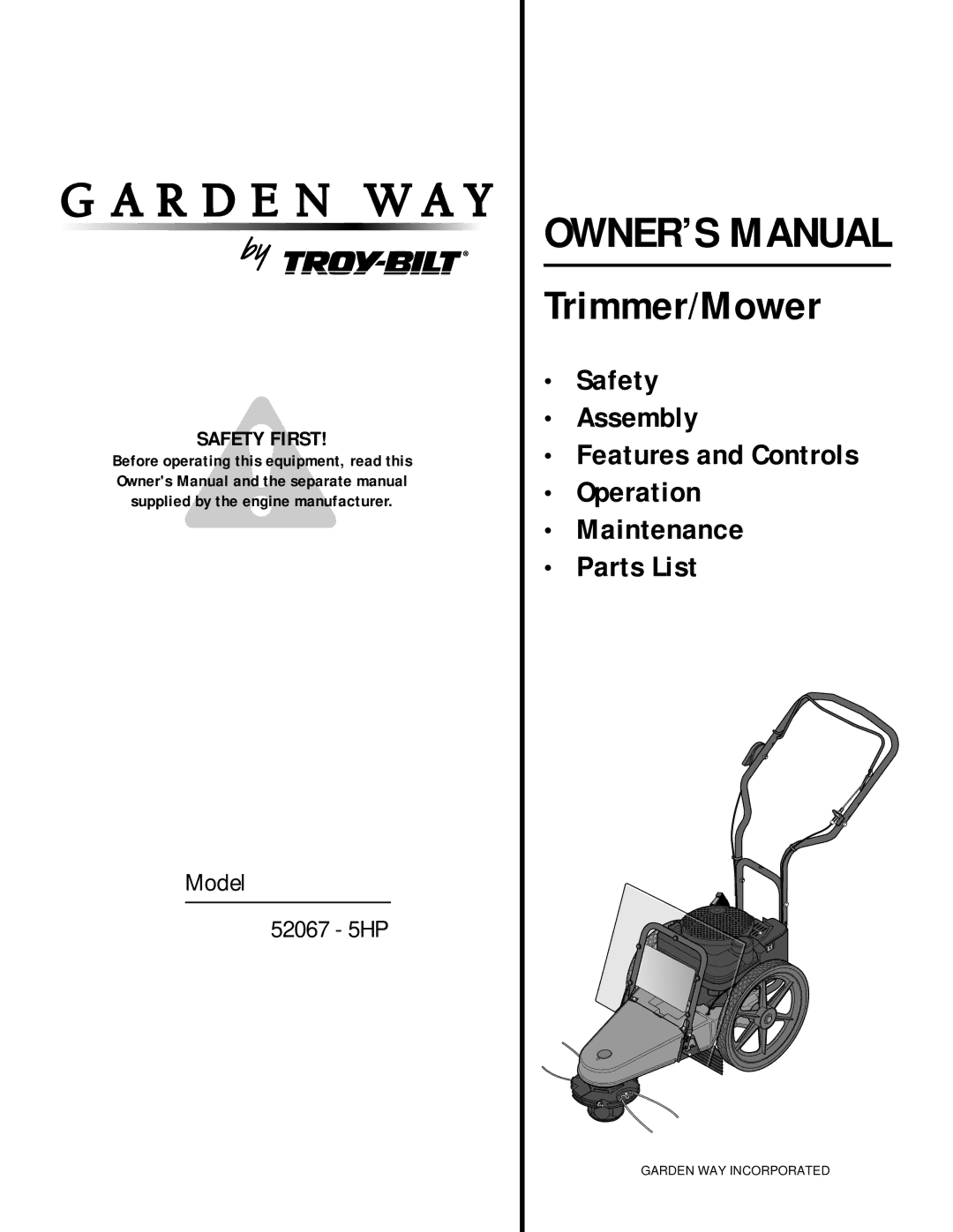 Troy-Bilt 52067 - 5HP owner manual Trimmer/Mower 