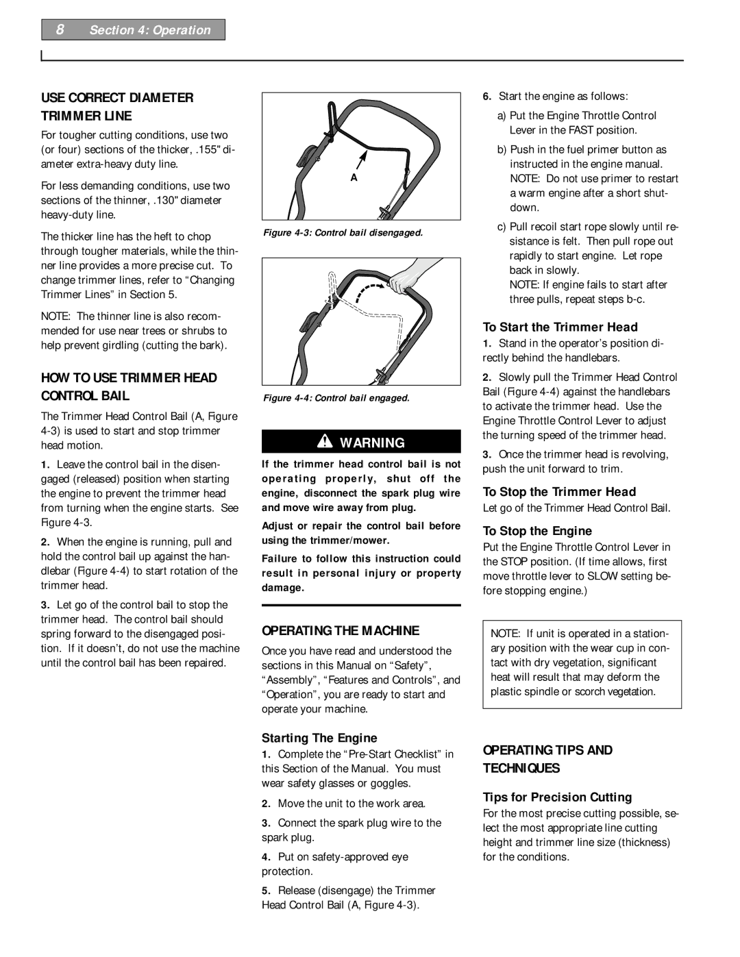 Troy-Bilt 52067 - 5HP HOW to USE Trimmer Head Control Bail, Operating the Machine, Operating Tips Techniques, Operation 