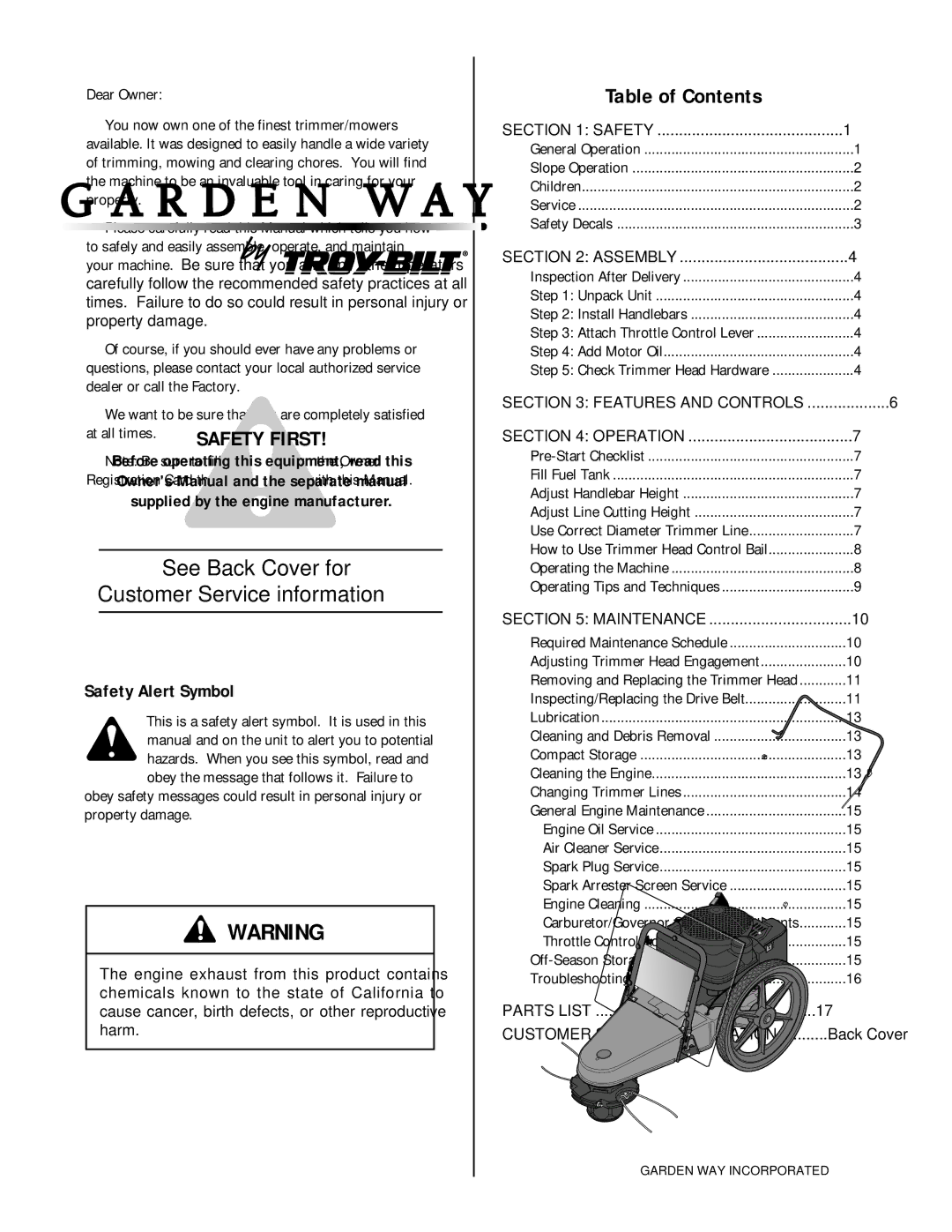 Troy-Bilt 52067 - 5HP owner manual See Back Cover for Customer Service information 