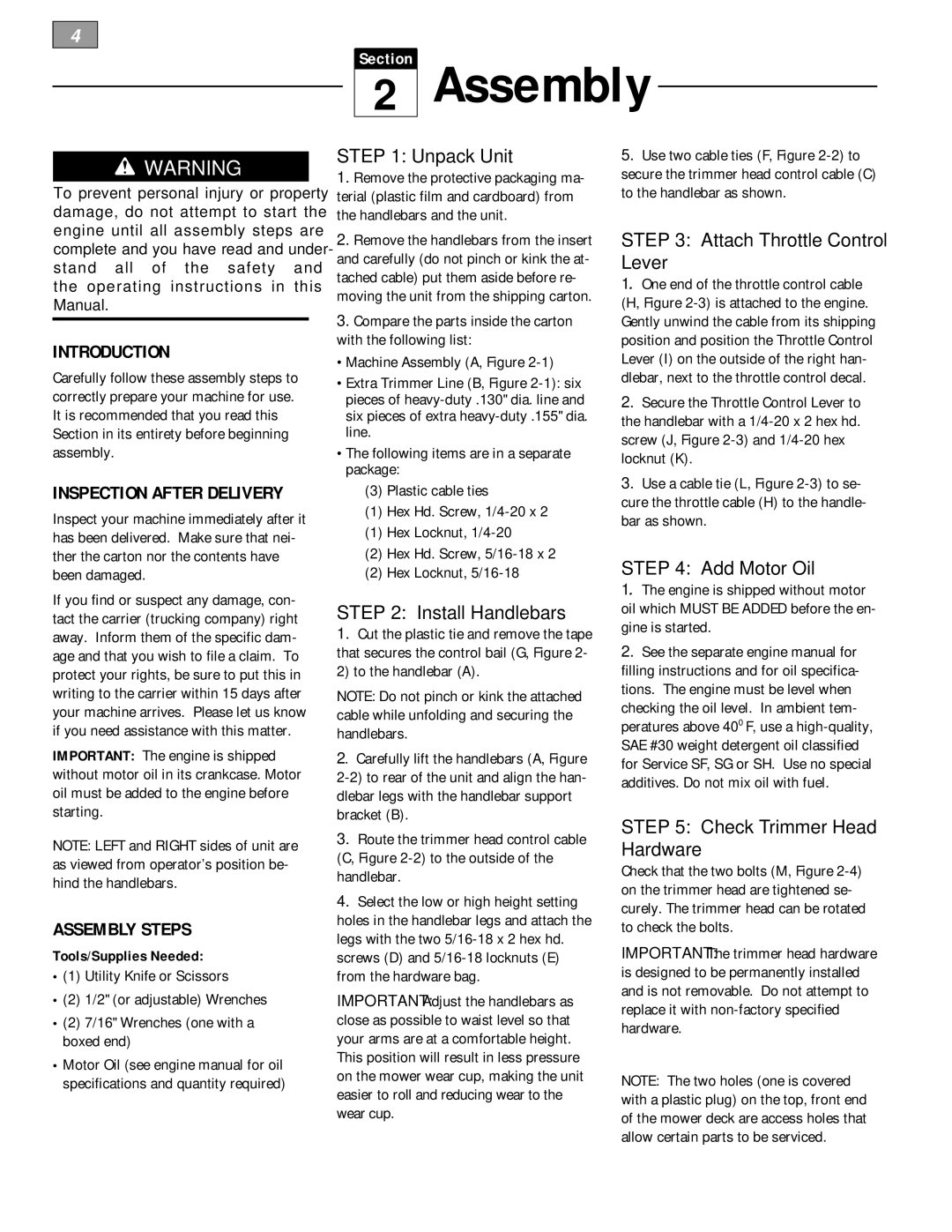 Troy-Bilt 52067 - 5HP owner manual Introduction, Assembly Steps 