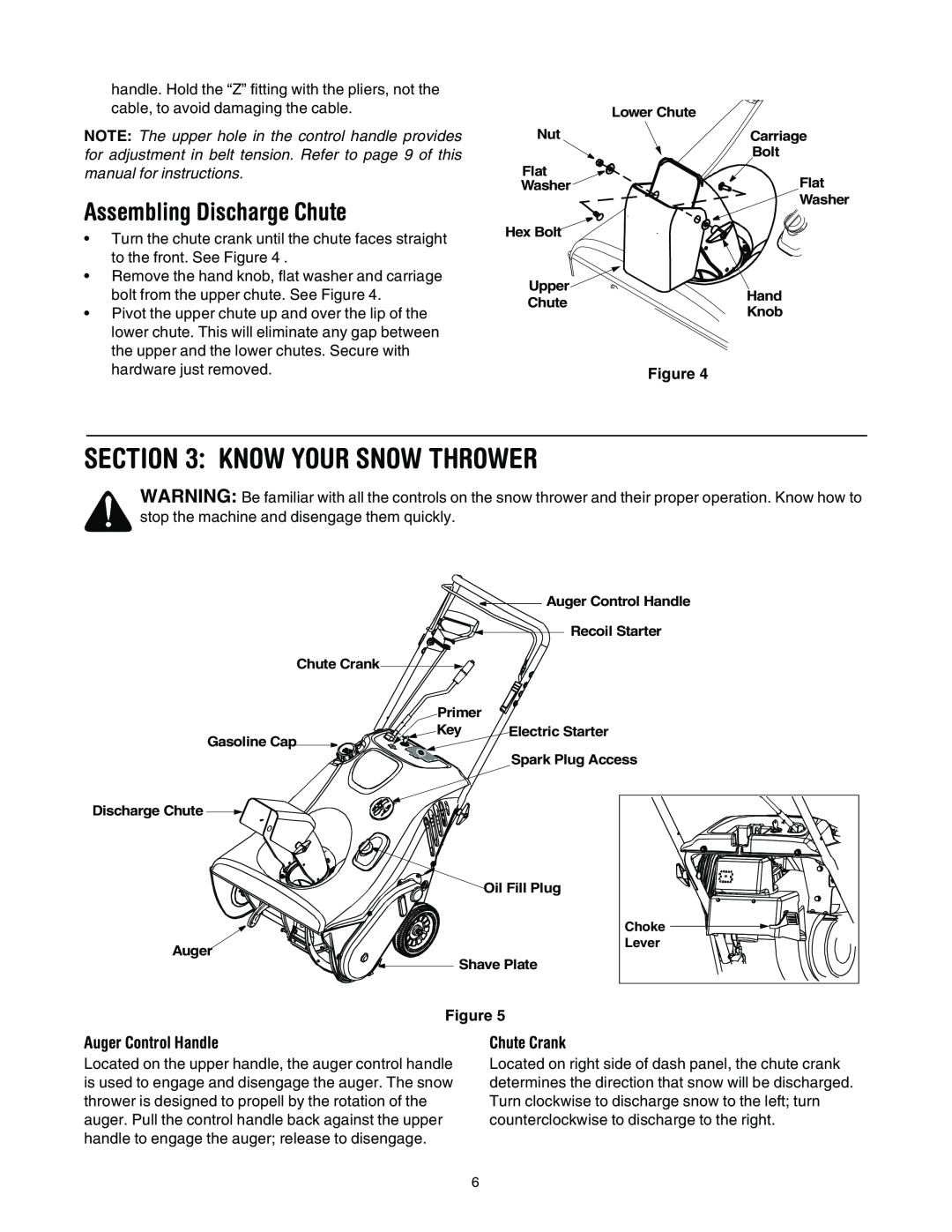Troy-Bilt 521, 721 manual Know Your Snow Thrower, Assembling Discharge Chute, Auger Control Handle, Chute Crank 