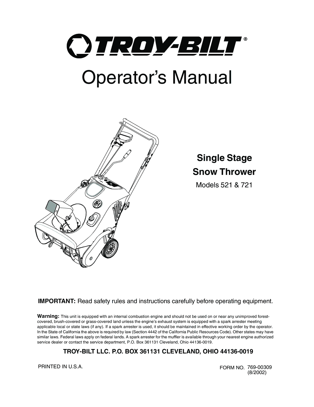 Troy-Bilt 721, 521 manual Operator’s Manual 