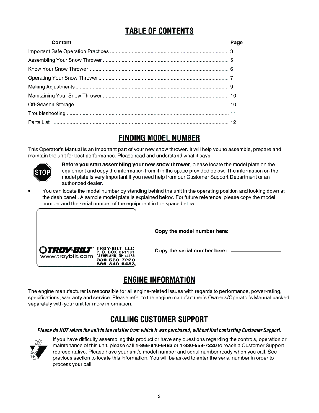 Troy-Bilt 521, 721 manual Table of Contents 