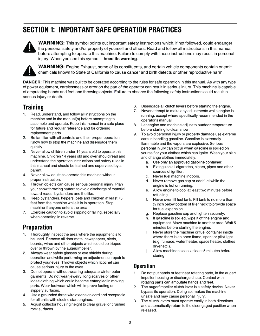 Troy-Bilt 721, 521 manual Important Safe Operation Practices, Training, Preparation 