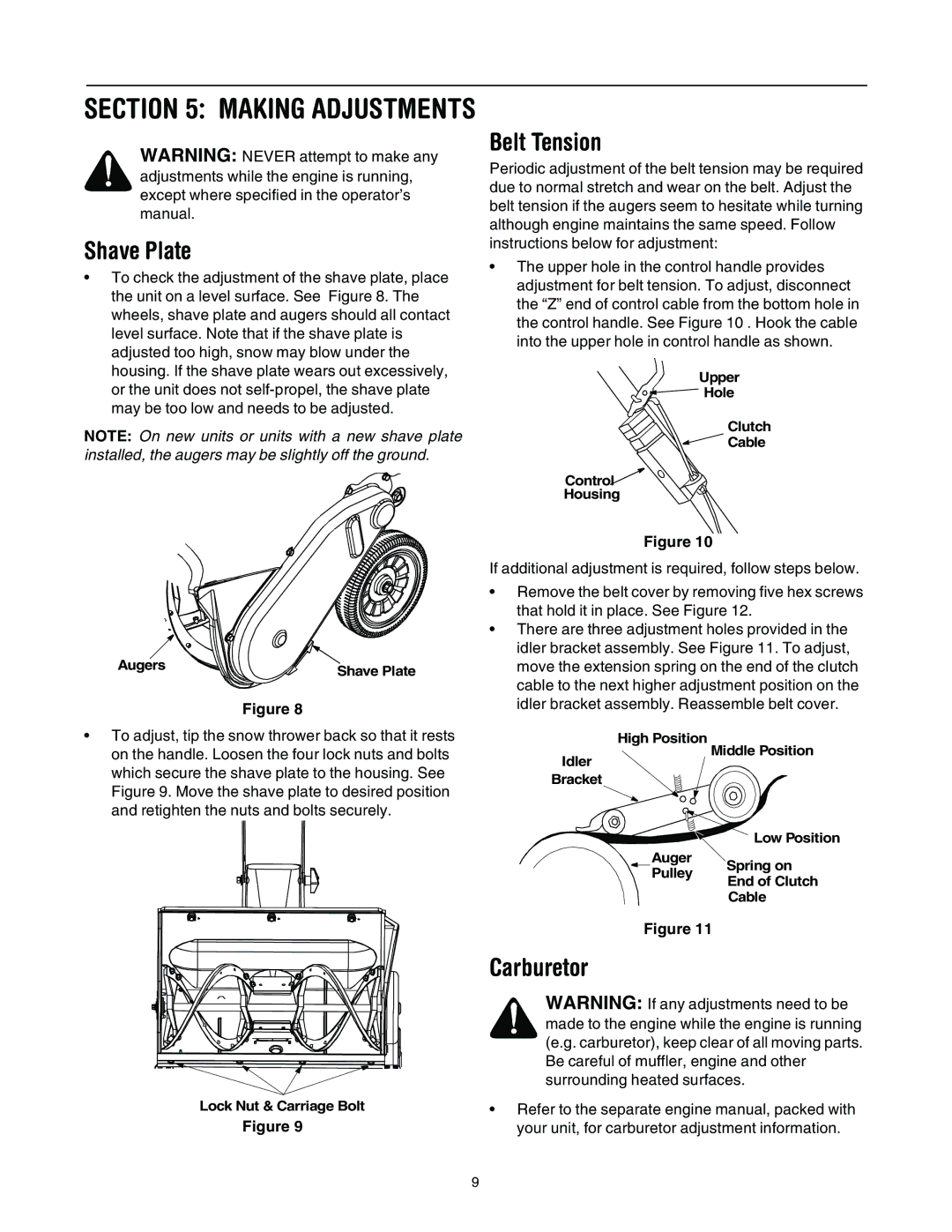 Troy-Bilt 721, 521 manual Shave Plate, Belt Tension, Carburetor 