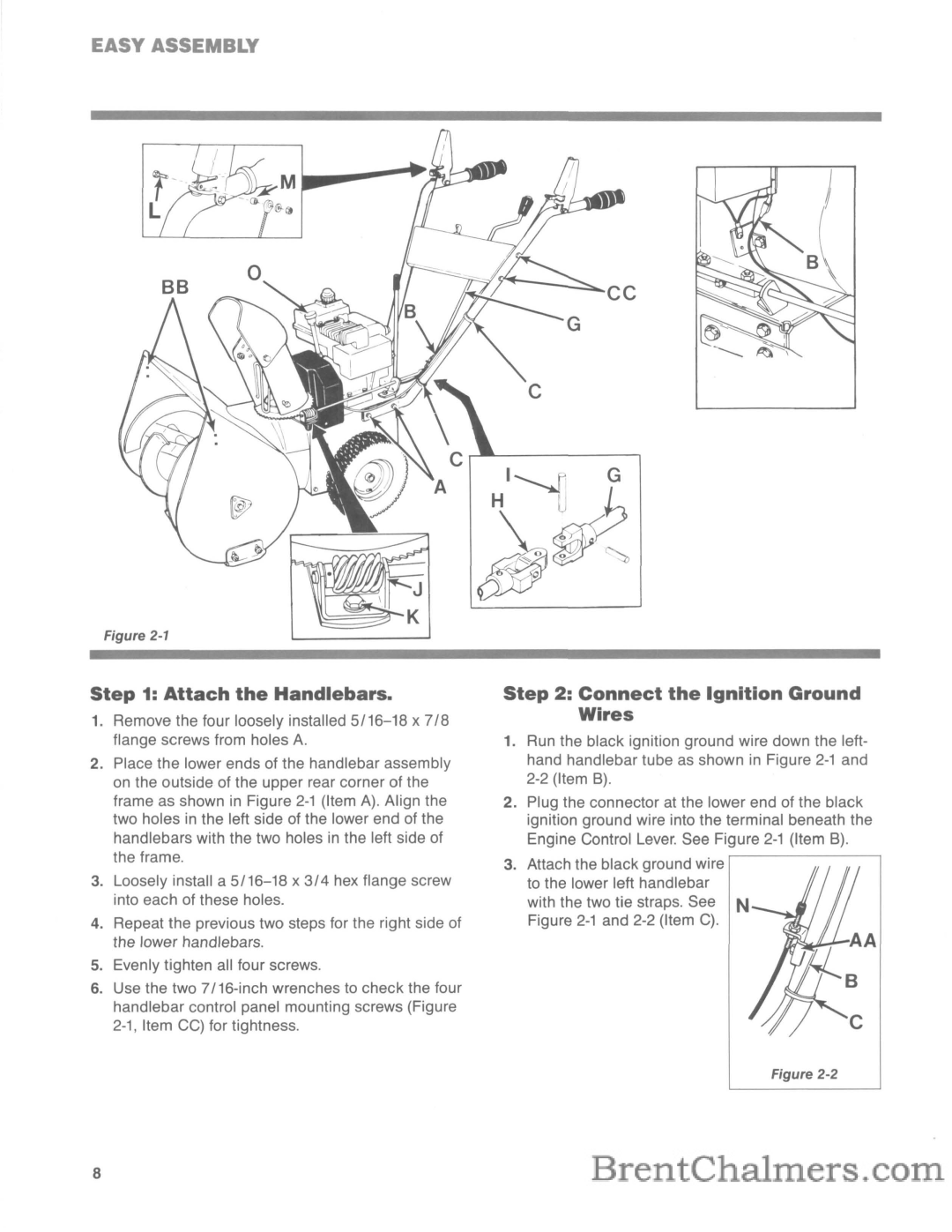 Troy-Bilt 5210R manual Easy Assembly, Attach the Handlebars, Connect the Ignition Ground Wires 