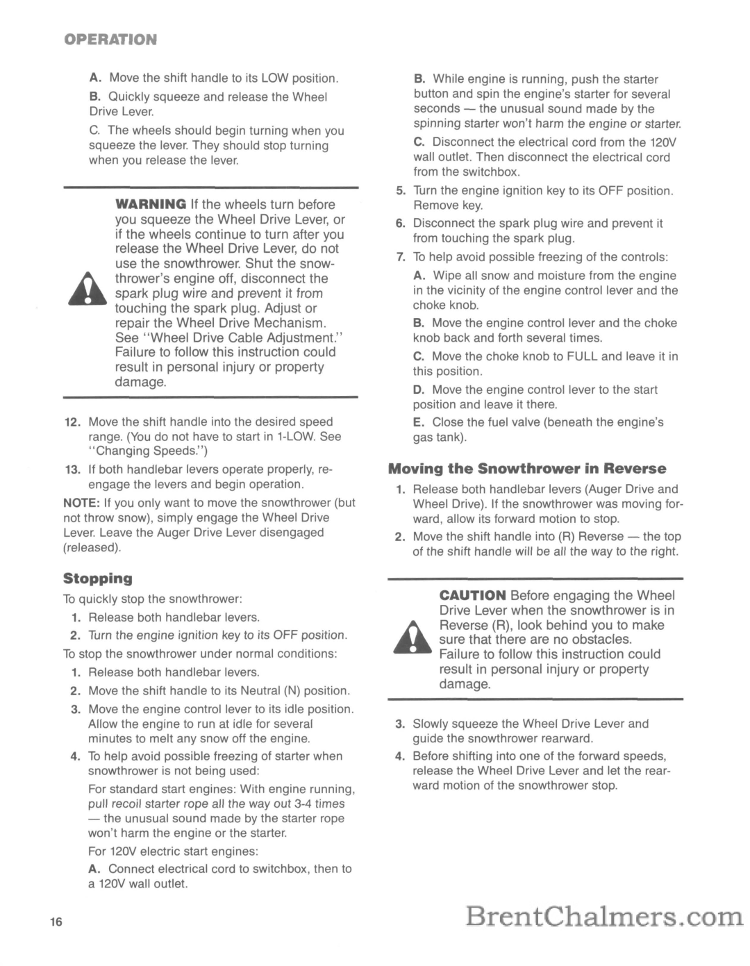 Troy-Bilt 5210R manual Stopping, Moving the Snowthrower in Reverse 